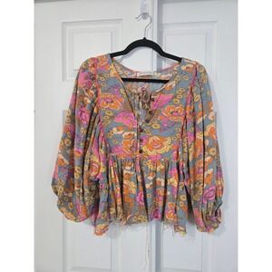 Rusttydustty Floral Balloon Sleeve Babydoll Top Blue Orange Boho 0XL Plus Size